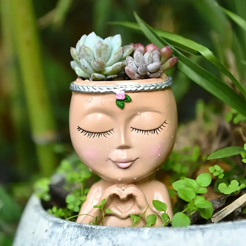 Echeveria Succulent - กระถางเรซิ่นรูปหัวผู้หญิงสำหรับปลูกไม้อวบน้ำ ตกแต่งบ้าน โต๊ะทำงาน ระเบียง